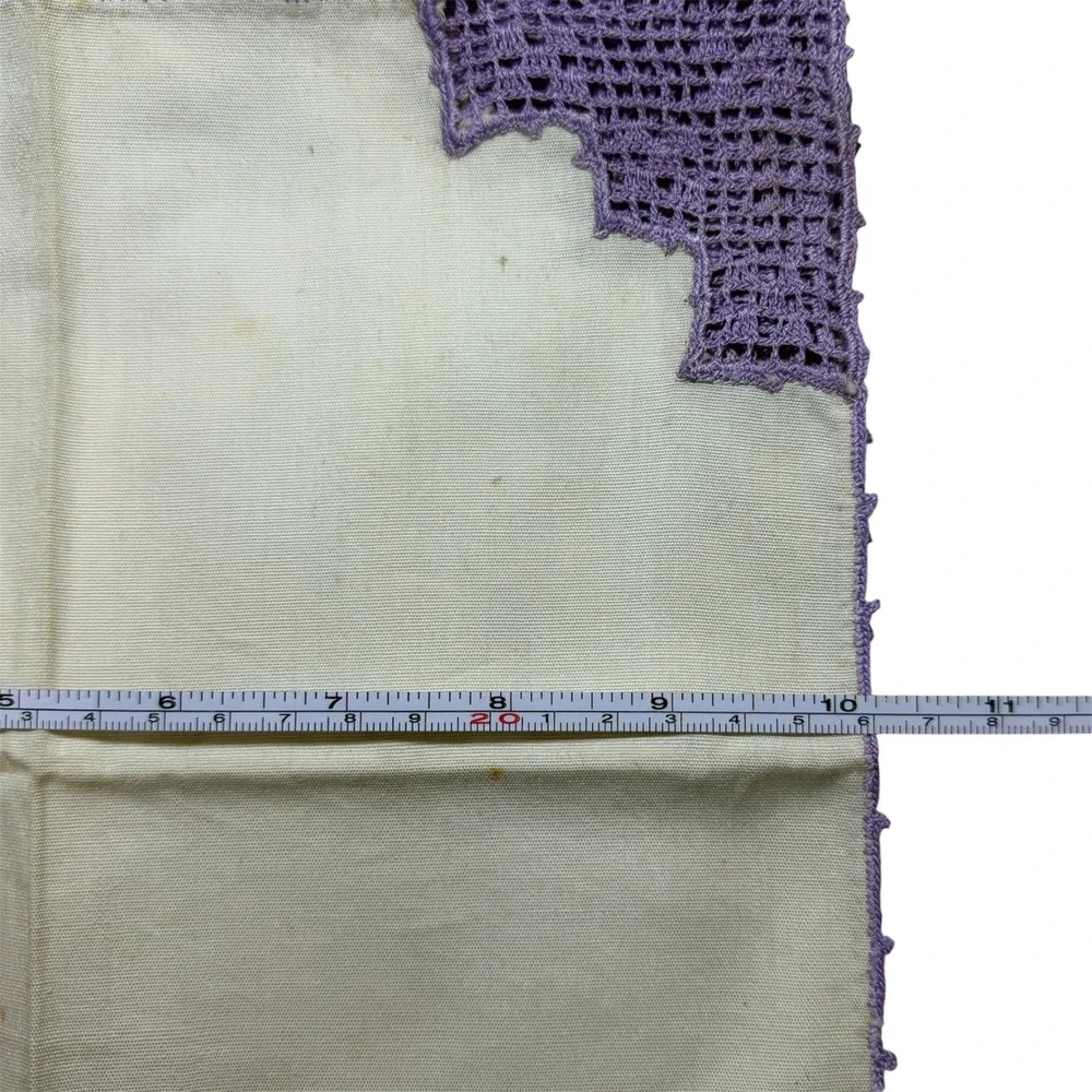 VTG White Linen Napkins Handkerchiefs Hand Crochet Purple Lace Corner Trim #4